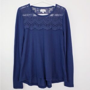 Lucky Brand Navy Lace Blouse Medium | Ribbed Long Sleeve Top